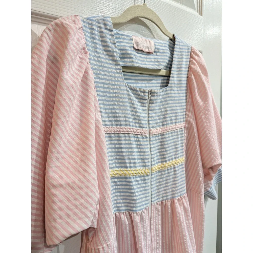 Vandemere Vtg 80s Seersucker Colorblock Pastel House Dress M Grannycore Kaftan